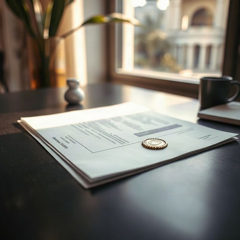 Documento financeiro com selo dourado sobre superfície carvão
